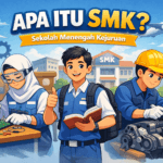 Ilustrasi karakter animasi siswa SMK sedang belajar dan praktik di sekolah kejuruan