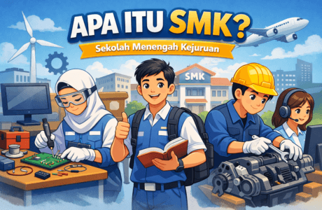 Ilustrasi karakter animasi siswa SMK sedang belajar dan praktik di sekolah kejuruan