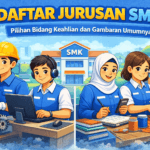 Ilustrasi karakter animasi siswa SMK dari berbagai jurusan dengan aktivitas praktik yang berbeda