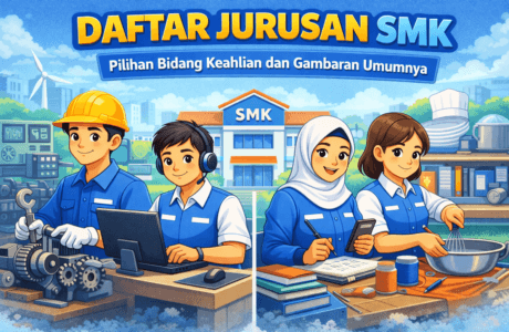 Ilustrasi karakter animasi siswa SMK dari berbagai jurusan dengan aktivitas praktik yang berbeda