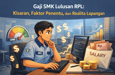 Ilustrasi lulusan SMK jurusan RPL bekerja di bidang teknologi informasi