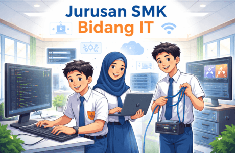 Ilustrasi siswa SMK bidang IT mempelajari komputer, pemrograman, dan jaringan sebagai gambaran jurusan IT di SMK