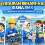 Ilustrasi karakter animasi siswa SMK menjalani aktivitas belajar, praktik kejuruan, dan interaksi di lingkungan sekolah