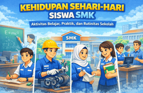 Ilustrasi karakter animasi siswa SMK menjalani aktivitas belajar, praktik kejuruan, dan interaksi di lingkungan sekolah