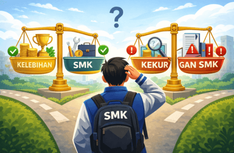 Ilustrasi karakter animasi siswa SMK menimbang kelebihan dan kekurangan SMK dengan simbol keuntungan dan risiko
