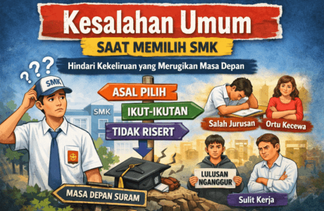 Ilustrasi karakter animasi siswa SMK yang bingung di persimpangan pilihan dengan simbol kesalahan umum saat memilih SMK