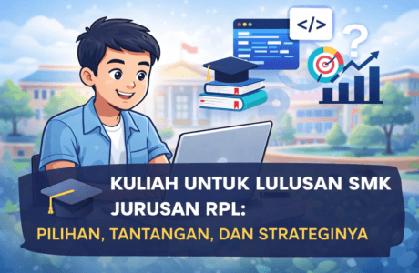 Ilustrasi lulusan SMK jurusan RPL mempertimbangkan pilihan kuliah dan kerja