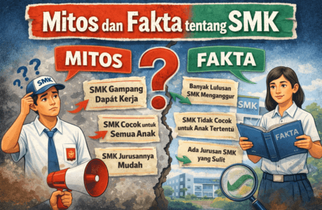 Ilustrasi karakter animasi yang membandingkan mitos dan fakta tentang SMK dengan simbol tanda tanya dan tanda centang