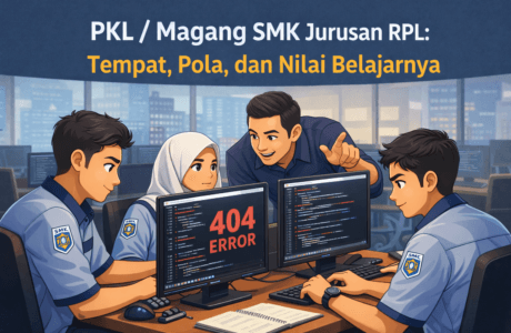 Ilustrasi siswa SMK jurusan RPL menjalani PKL di lingkungan kerja teknologi