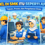 Ilustrasi karakter animasi siswa SMK menjalani praktik kerja lapangan di lingkungan industri atau tempat kerja