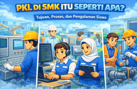 Ilustrasi karakter animasi siswa SMK menjalani praktik kerja lapangan di lingkungan industri atau tempat kerja