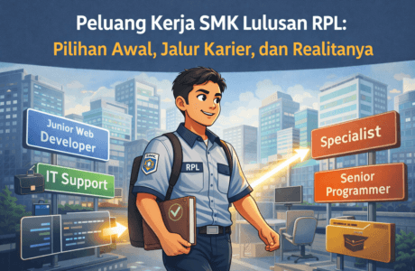 Ilustrasi lulusan SMK jurusan RPL memasuki dunia kerja bidang teknologi