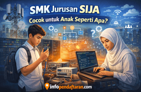 Ilustrasi siswa SMK Jurusan SIJA belajar sistem informatika, jaringan, dan aplikasi dengan karakter analitis dan minat teknologi – infopendaftaran.com