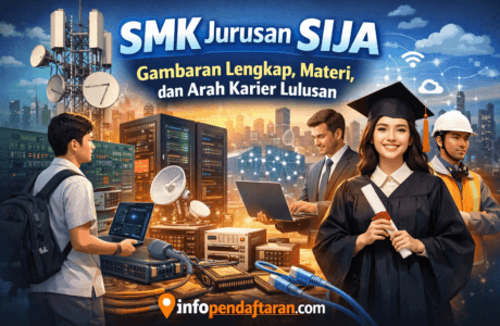 Ilustrasi SMK Jurusan SIJA Sistem Informatika Jaringan dan Aplikasi dengan siswa SMK, perangkat jaringan, server, dan prospek karier IT – infopendaftaran.com