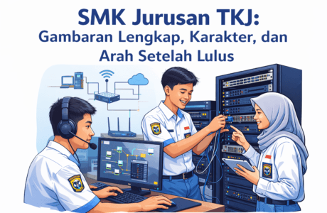 Ilustrasi siswa SMK Jurusan TKJ mempelajari jaringan komputer dan sistem server