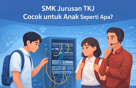 Ilustrasi siswa SMK Jurusan TKJ mempelajari jaringan komputer dan perangkat jaringan