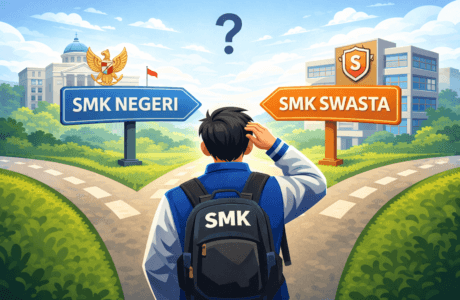 Ilustrasi karakter animasi siswa SMK berdiri di persimpangan pilihan antara SMK Negeri dan SMK Swasta
