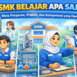 Ilustrasi karakter animasi siswa SMK sedang belajar teori dan praktik di kelas, laboratorium, dan bengkel