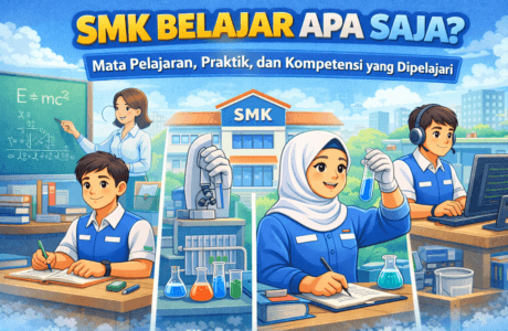 Ilustrasi karakter animasi siswa SMK sedang belajar teori dan praktik di kelas, laboratorium, dan bengkel