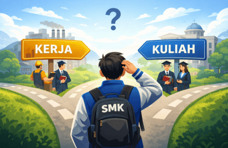 Ilustrasi karakter animasi lulusan SMK di persimpangan pilihan antara bekerja dan melanjutkan kuliah
