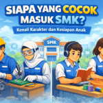 Ilustrasi karakter animasi siswa SMK dengan berbagai aktivitas praktik yang menunjukkan kecocokan minat dan keterampilan