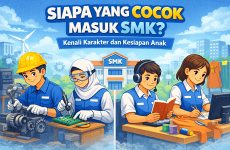 Ilustrasi karakter animasi siswa SMK dengan berbagai aktivitas praktik yang menunjukkan kecocokan minat dan keterampilan
