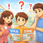 Ilustrasi anak bingung memilih SMA atau SMK didampingi orang tua