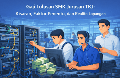 Ilustrasi lulusan SMK jurusan TKJ bekerja sebagai teknisi jaringan komputer