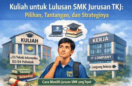 Ilustrasi siswa SMK jurusan TKJ mempertimbangkan pilihan kuliah setelah lulus