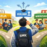 Ilustrasi karakter animasi lulusan SMK dengan pilihan arah masa depan: bekerja, kuliah, dan berwirausaha