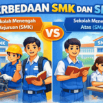 Ilustrasi perbandingan siswa SMK dan SMA dengan latar sekolah dan aktivitas belajar yang berbeda