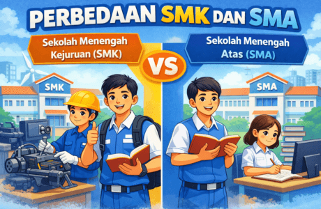 Ilustrasi perbandingan siswa SMK dan SMA dengan latar sekolah dan aktivitas belajar yang berbeda
