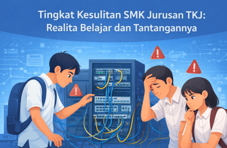 Ilustrasi siswa SMK jurusan TKJ sedang praktik jaringan komputer dan server