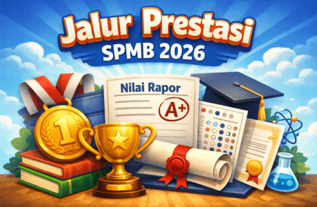 Ilustrasi Jalur Prestasi SPMB dengan simbol medali dan sertifikat akademik